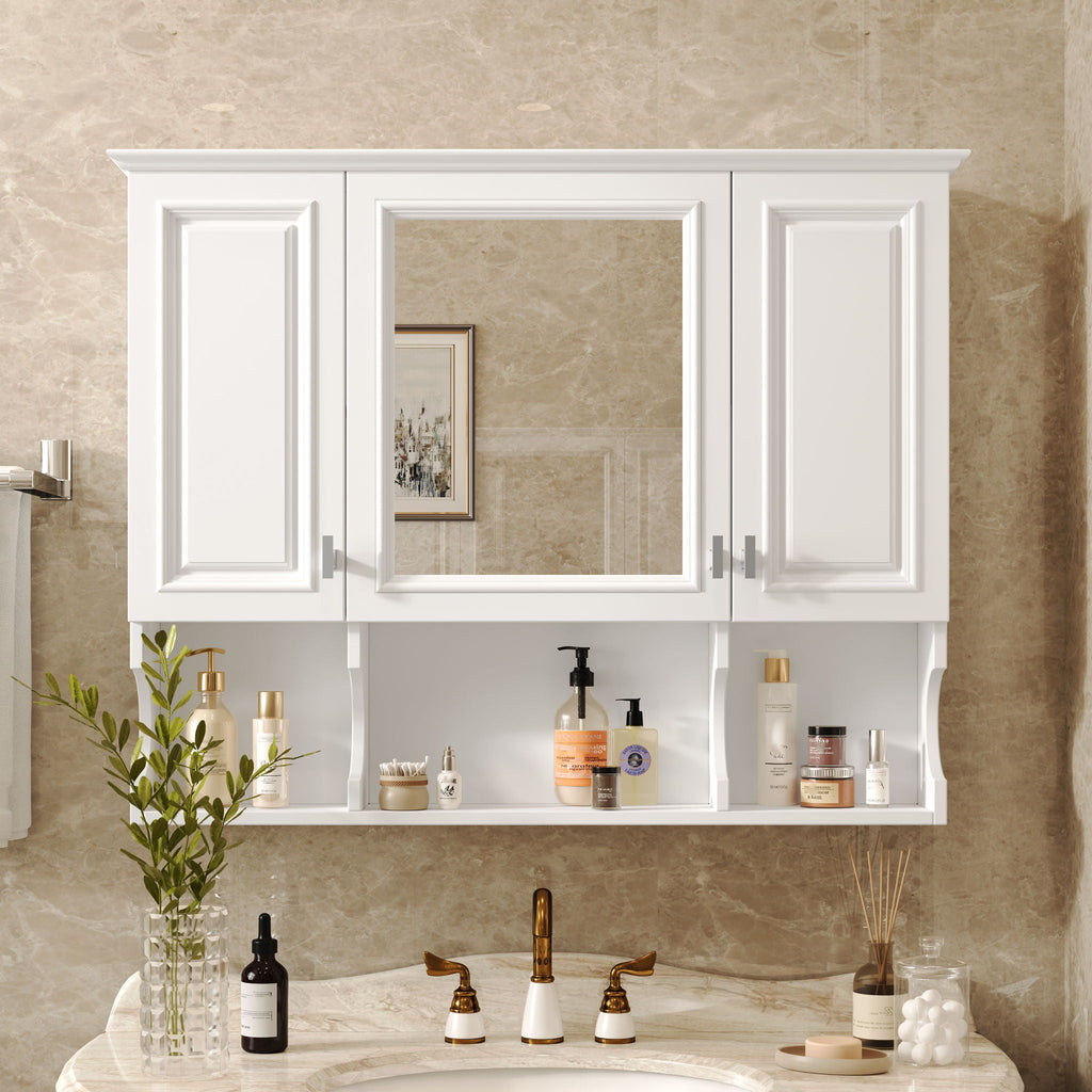 Wall Mounted Bathroom Medicine Cabinet With Mirror & Open Shelves