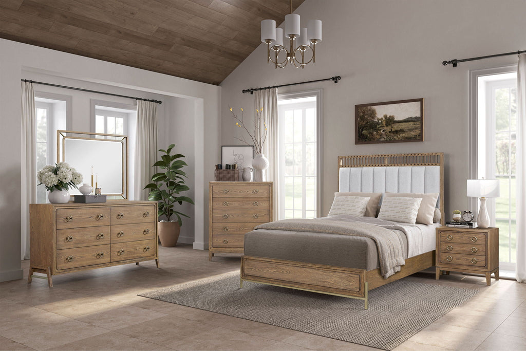 Light Brown Upholstered Panel Bed with Strap Detail - Queen or King