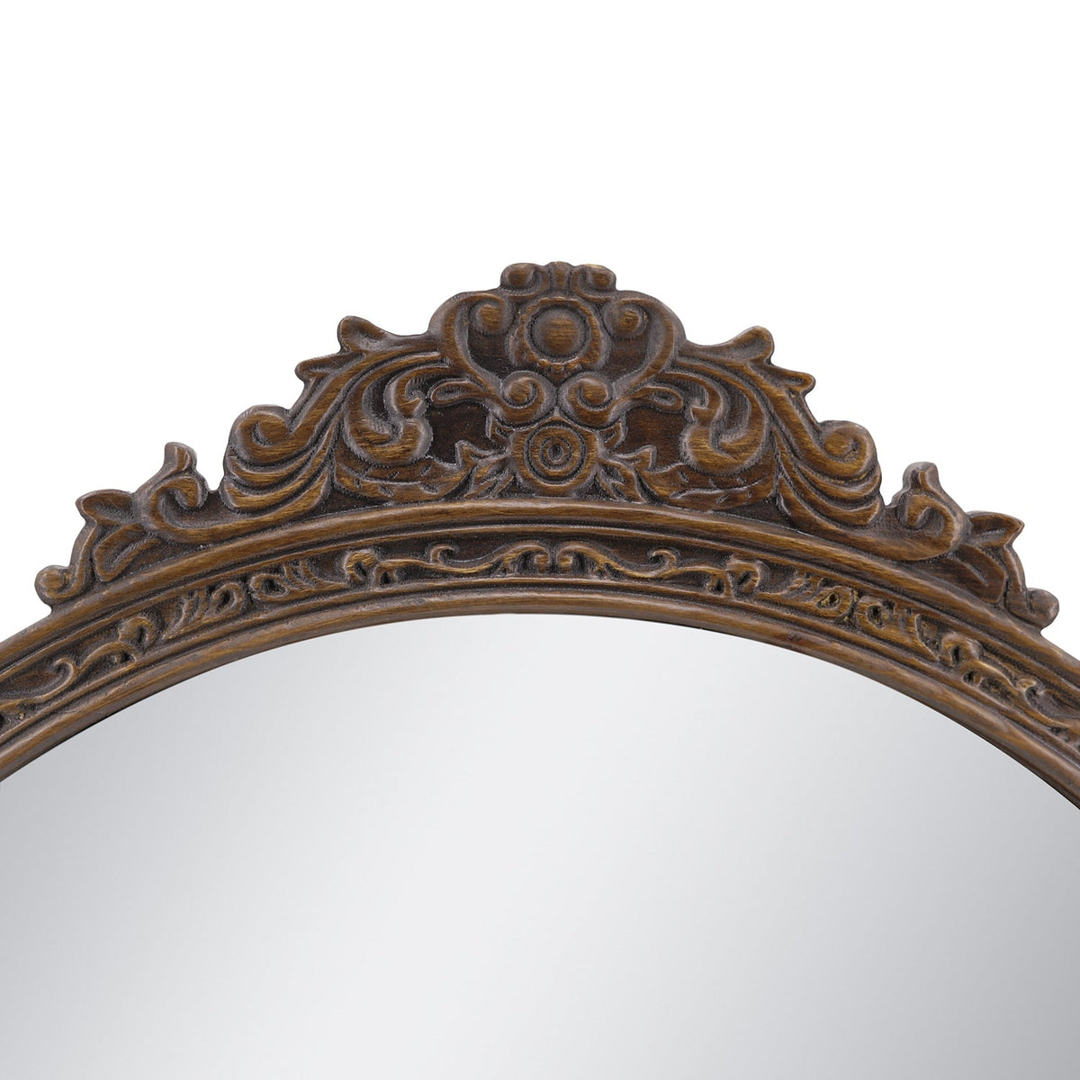 31.5" Round Antique Wall Mirror with Hand-Carved Pediment - Wood