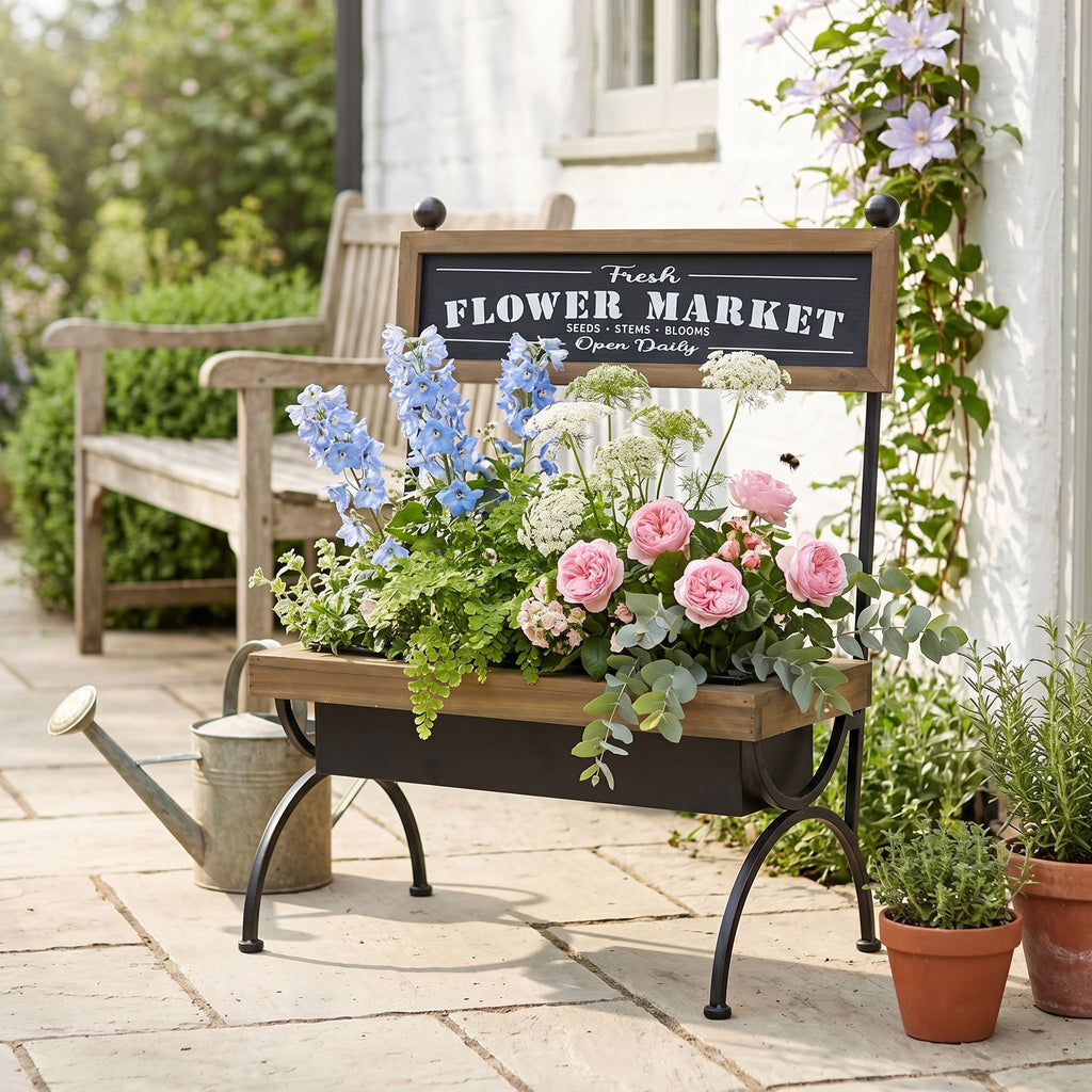 Rustic Planter Garden Pot with Metal & Wood Frame - Black Brown