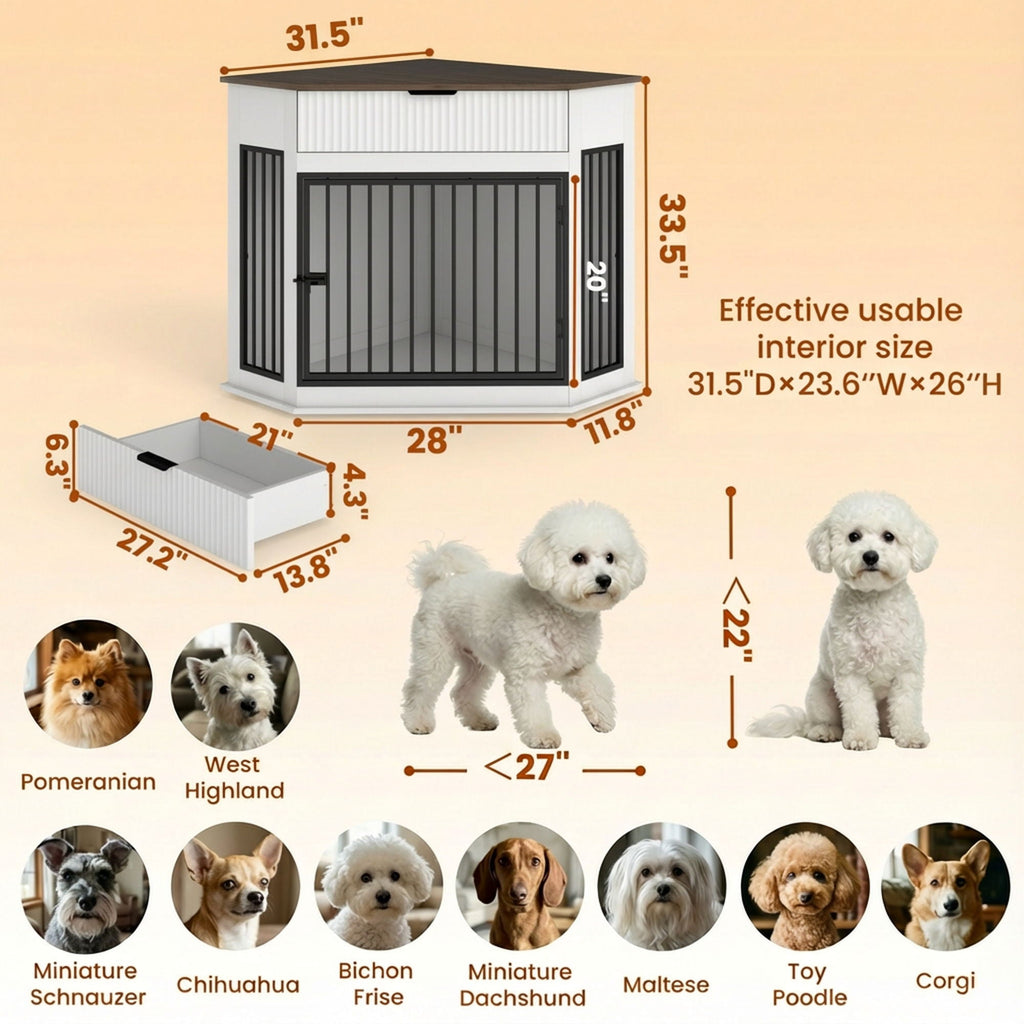 Corner Dog Crate with Fluted Drawer - White or Dark Brown