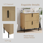 Bathroom Vanity With Ceramic Sink and Fluted Design - Dark Green, White, Light Brown