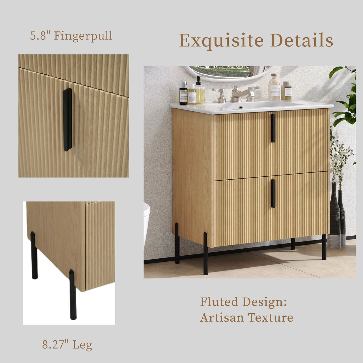 Bathroom Vanity With Ceramic Sink and Fluted Design - Dark Green, White, Light Brown