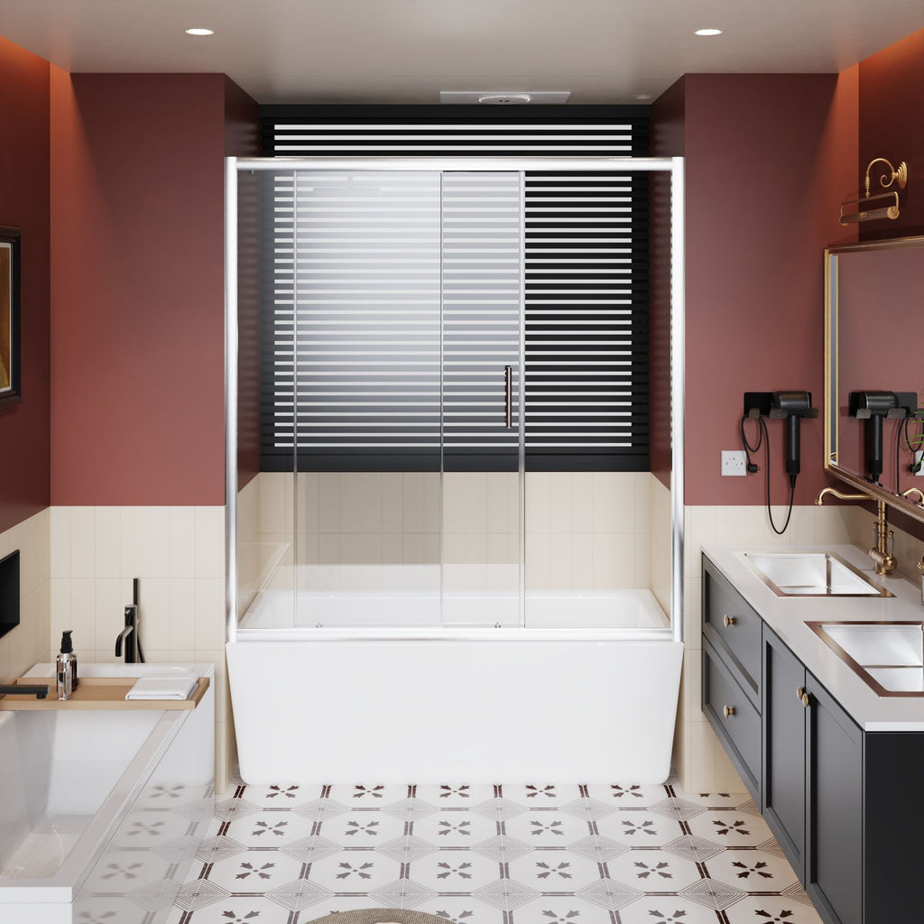 Single Sliding Shower Door for Bathtub with Chrome Handle - Chrome