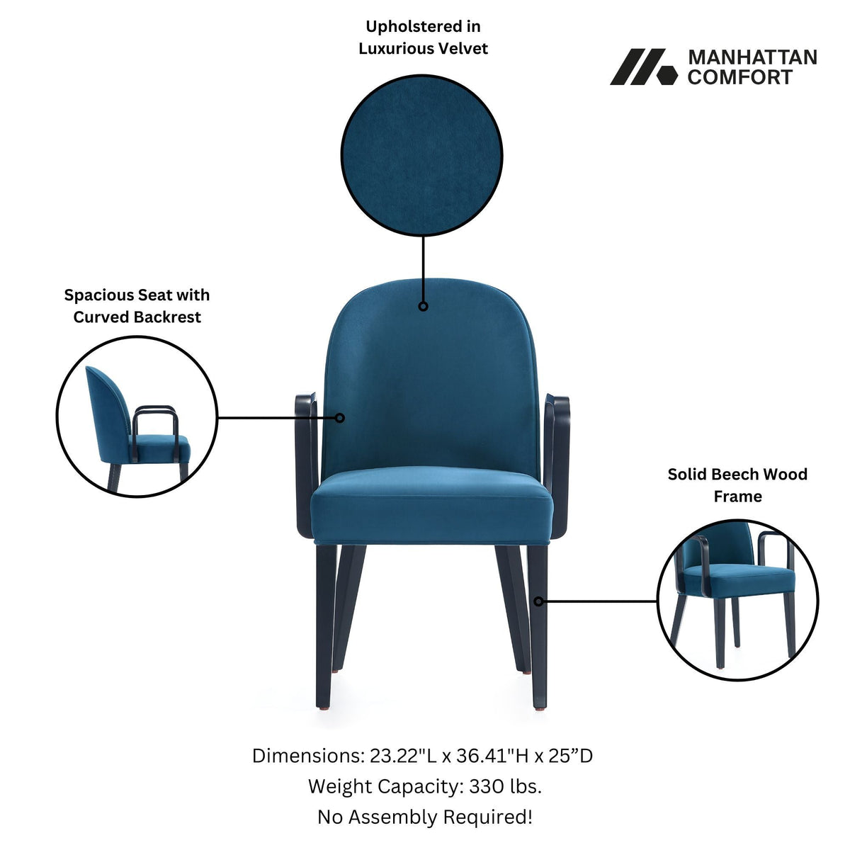 Upholstered Armchair with Solid Beech Wood Frame - Blue or Gray