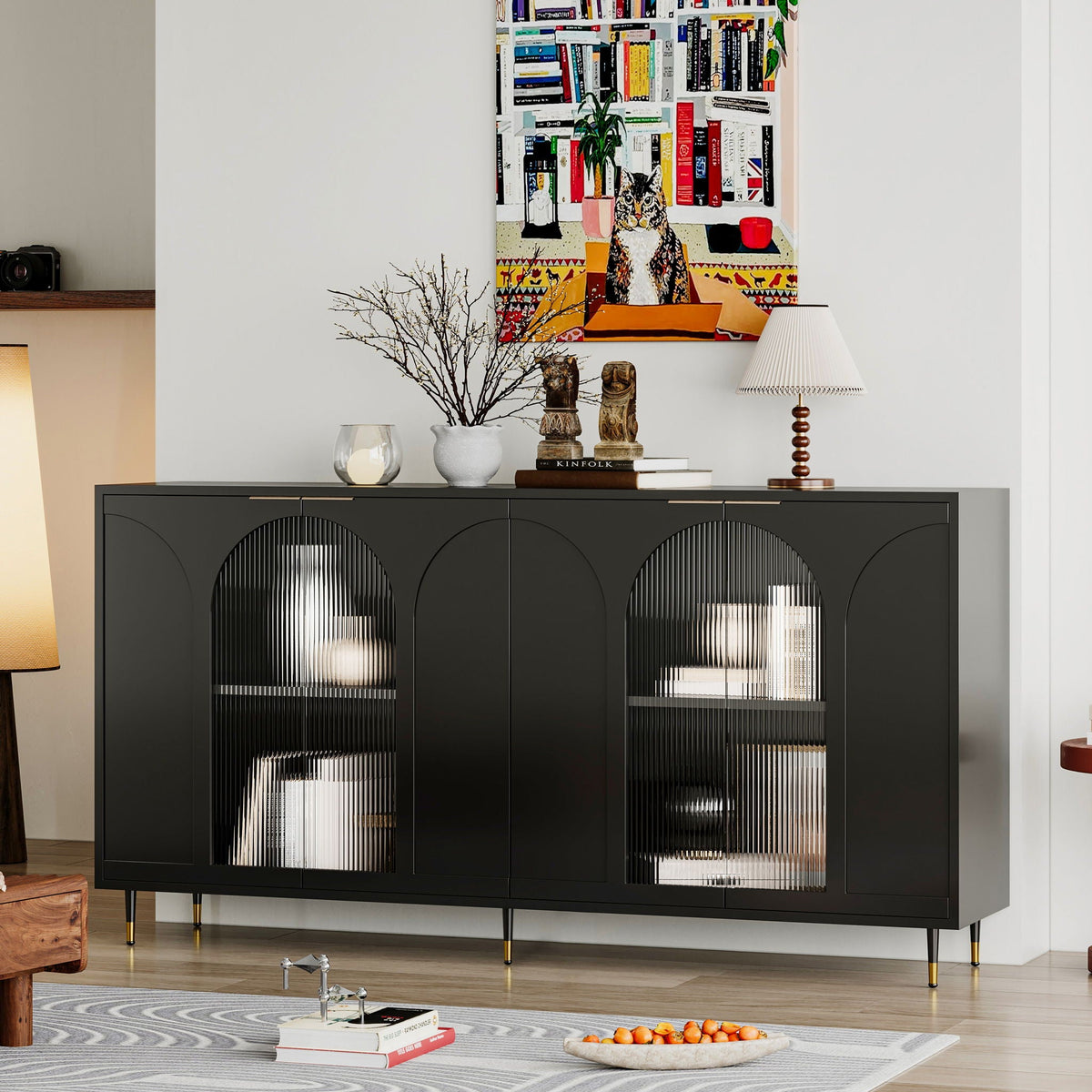 Lacquered Wooden Sideboard with 4 Glass Doors - Black