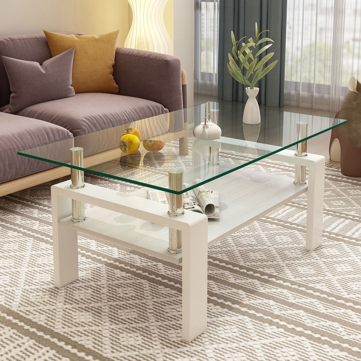 Modern Rectangular Coffee Table with Glass Top and Storage Shelf - White, Gray, Dark Gray, Dark Brown