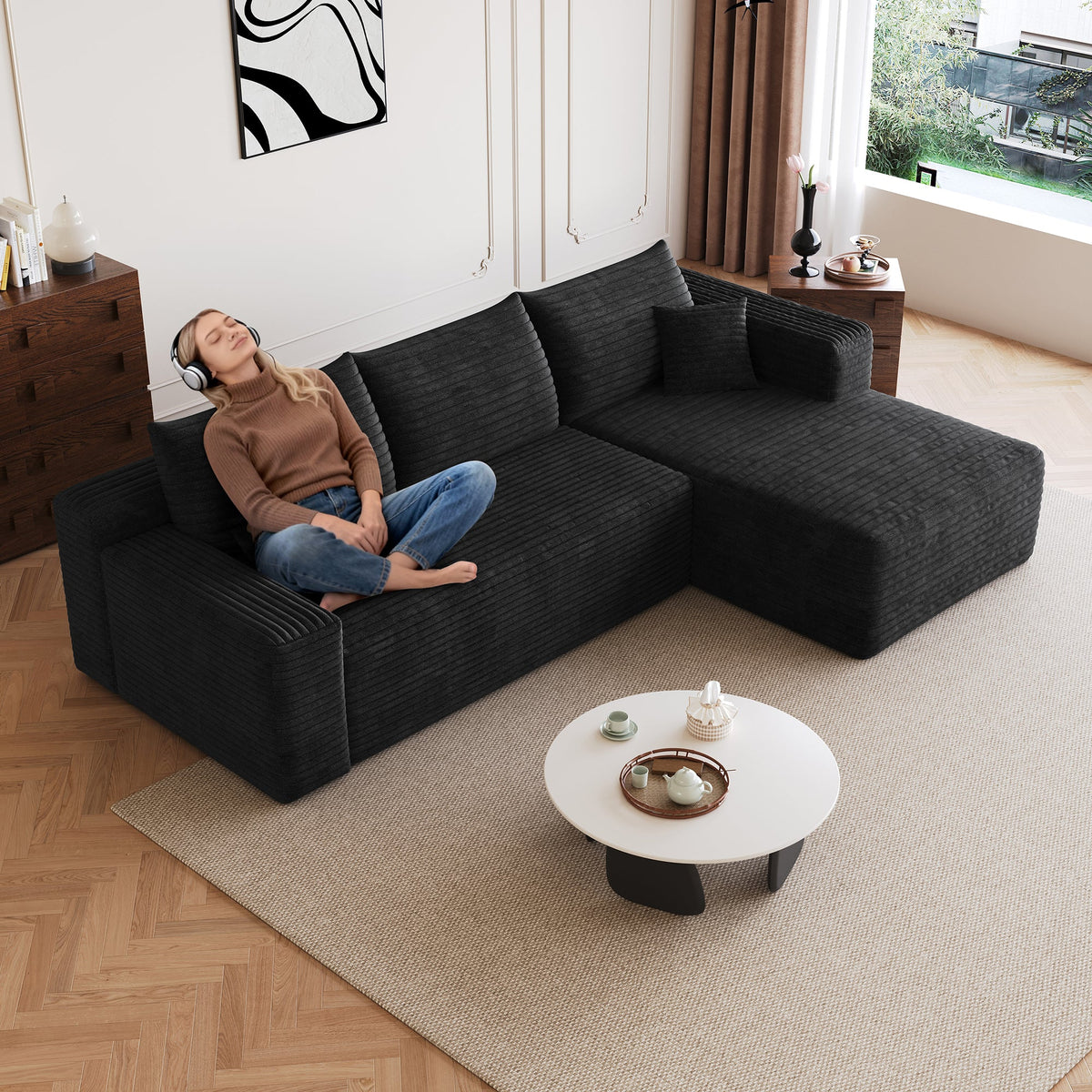 95" Cloud Sectional Sofa with Modern Minimalist Design - Black