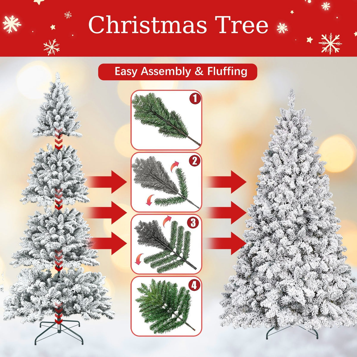 4FT Flocked Christmas Tree with Pine Cones and Snowy PVC Design
