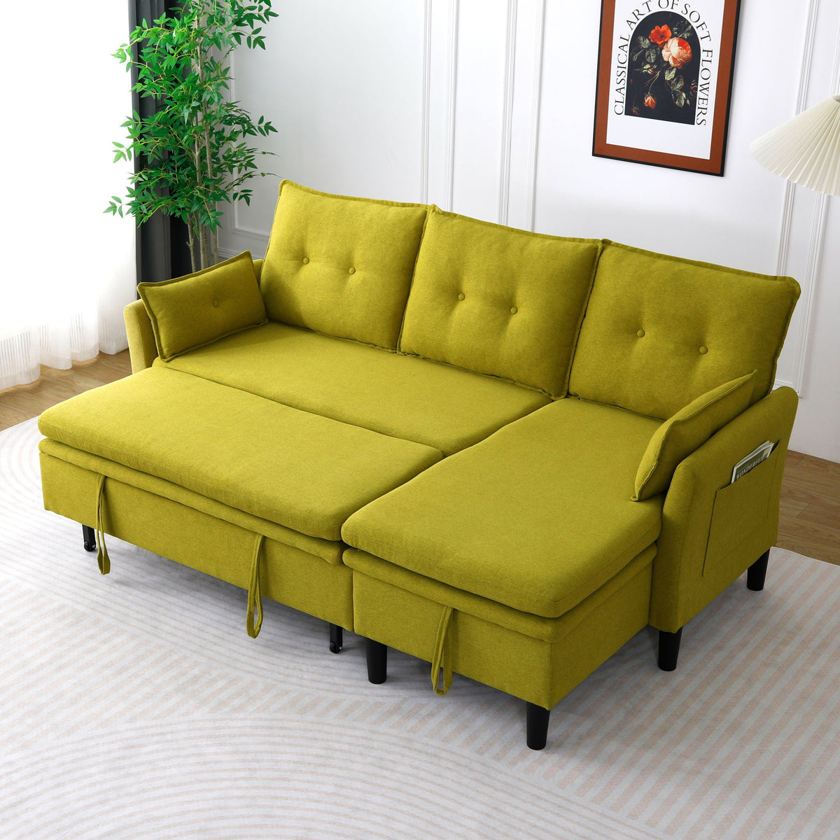 Reversible Chaise Sleeper Sectional Sofa with Storage - Cotton-Linen Upholstery