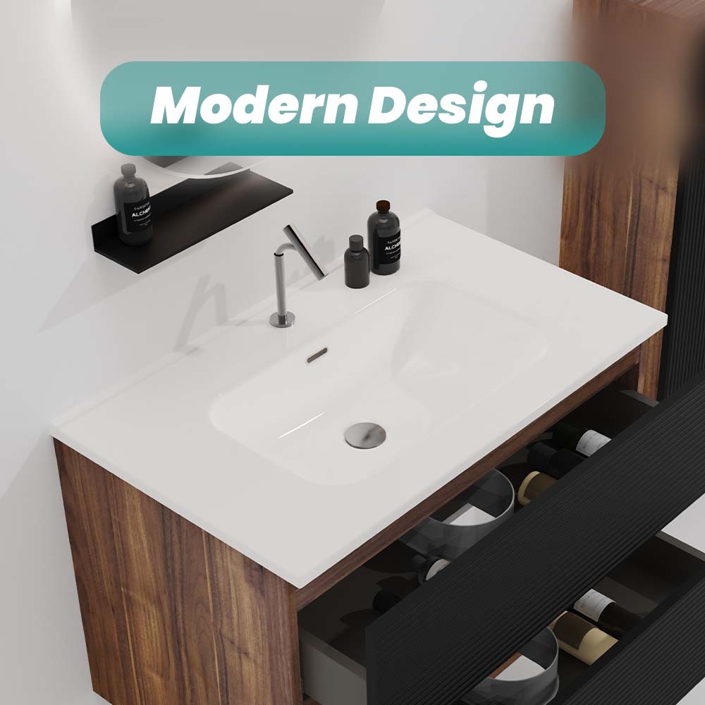 Glossy White Ceramic Integrated Bathroom Vanity Basin with Rounded Edges - White