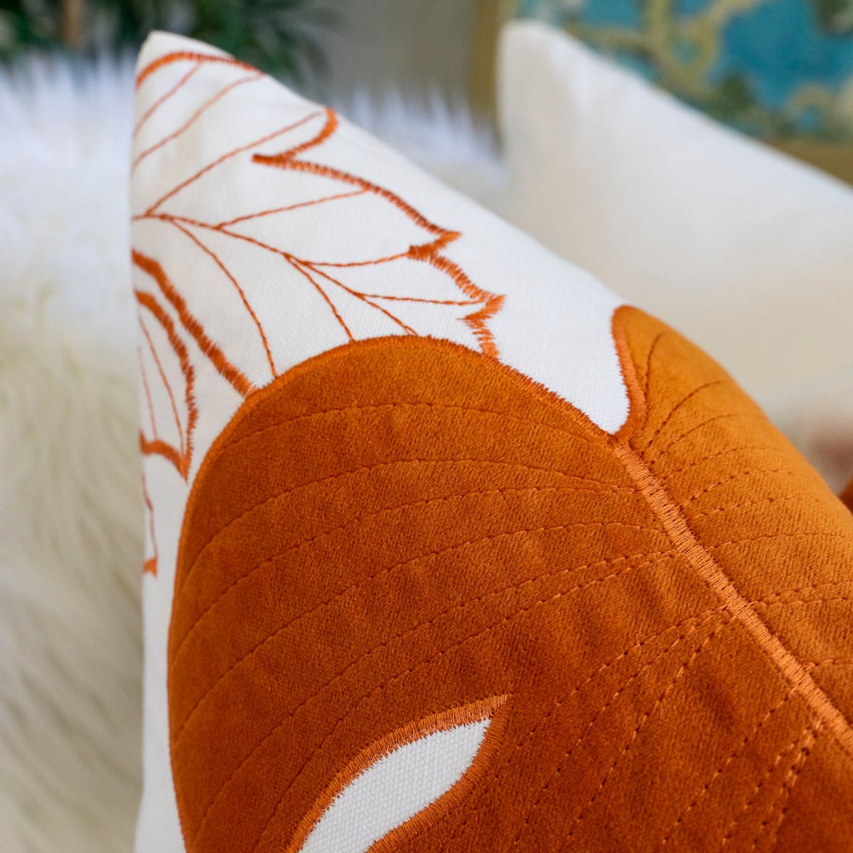 Autumn Vibes Leaf Accent Pillow with Soft Texture - Green, Dark Gray, Light Blue, Yellow, Orange