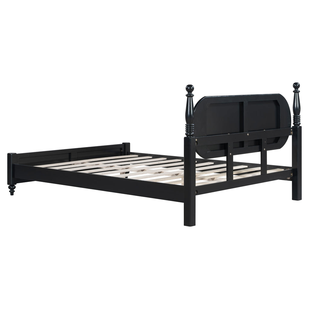 Queen Bed Frame Solid Wood Platform with Upholstered Headboard - Black, Navy Blue