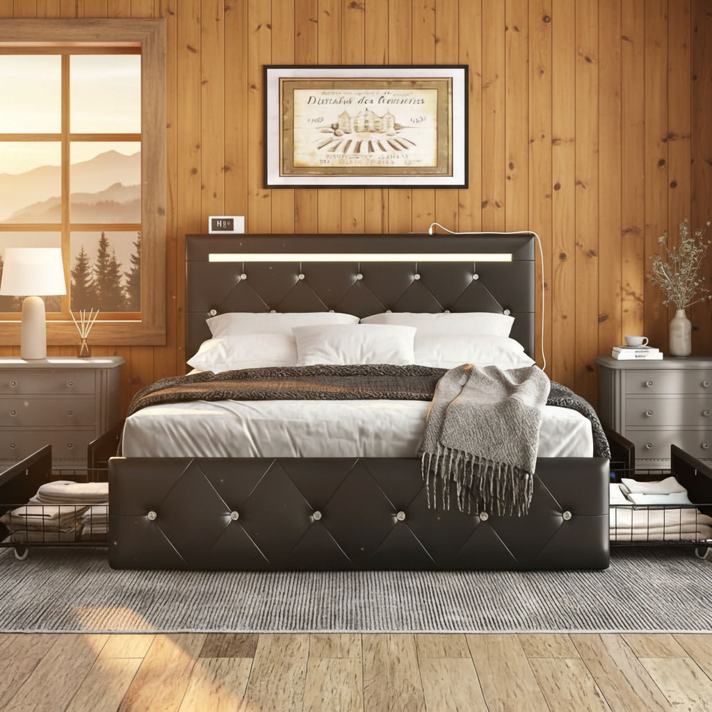 Upholstered Storage Bed Frame with LED Lights and Drawers – White or Black