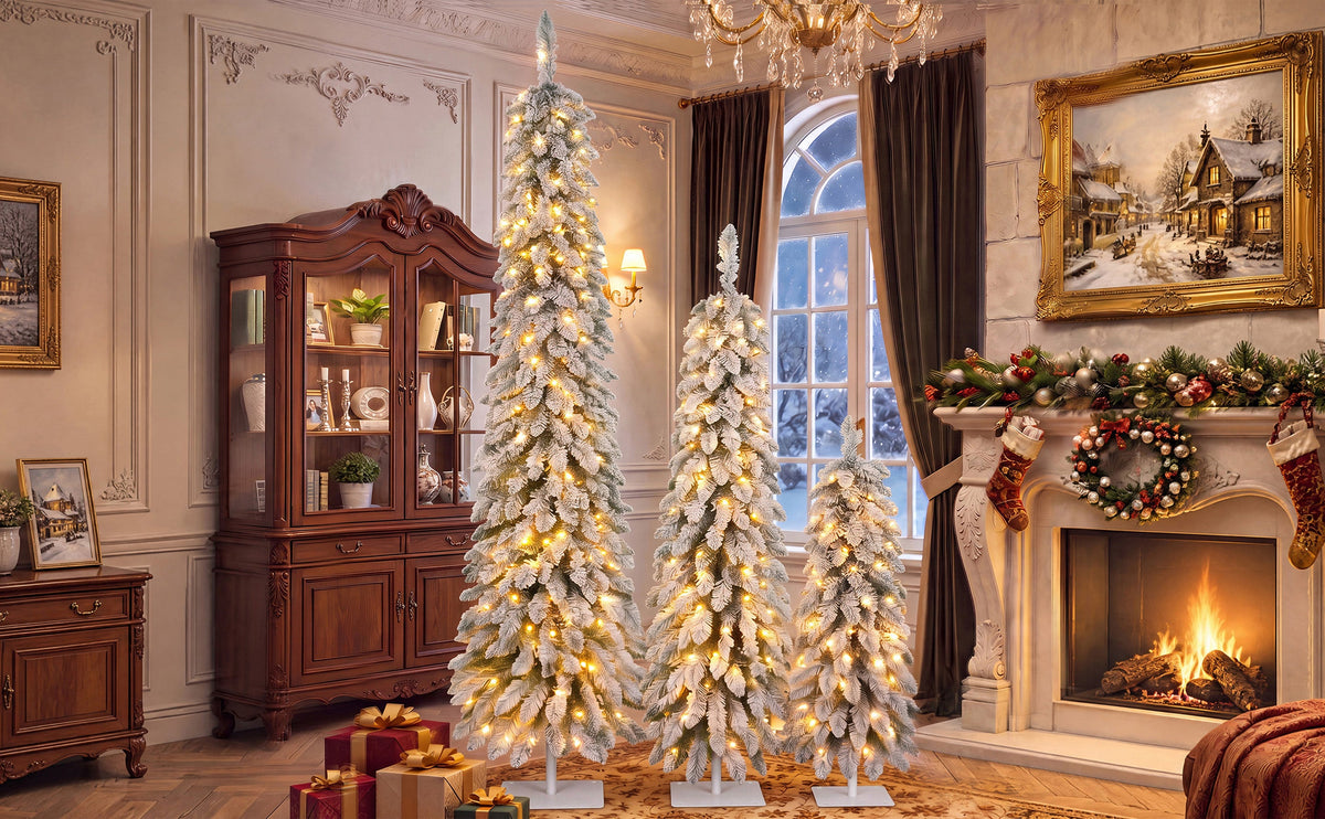 Snow Flocked Pre-Lit Pencil Christmas Tree with Warm LED Lights - White