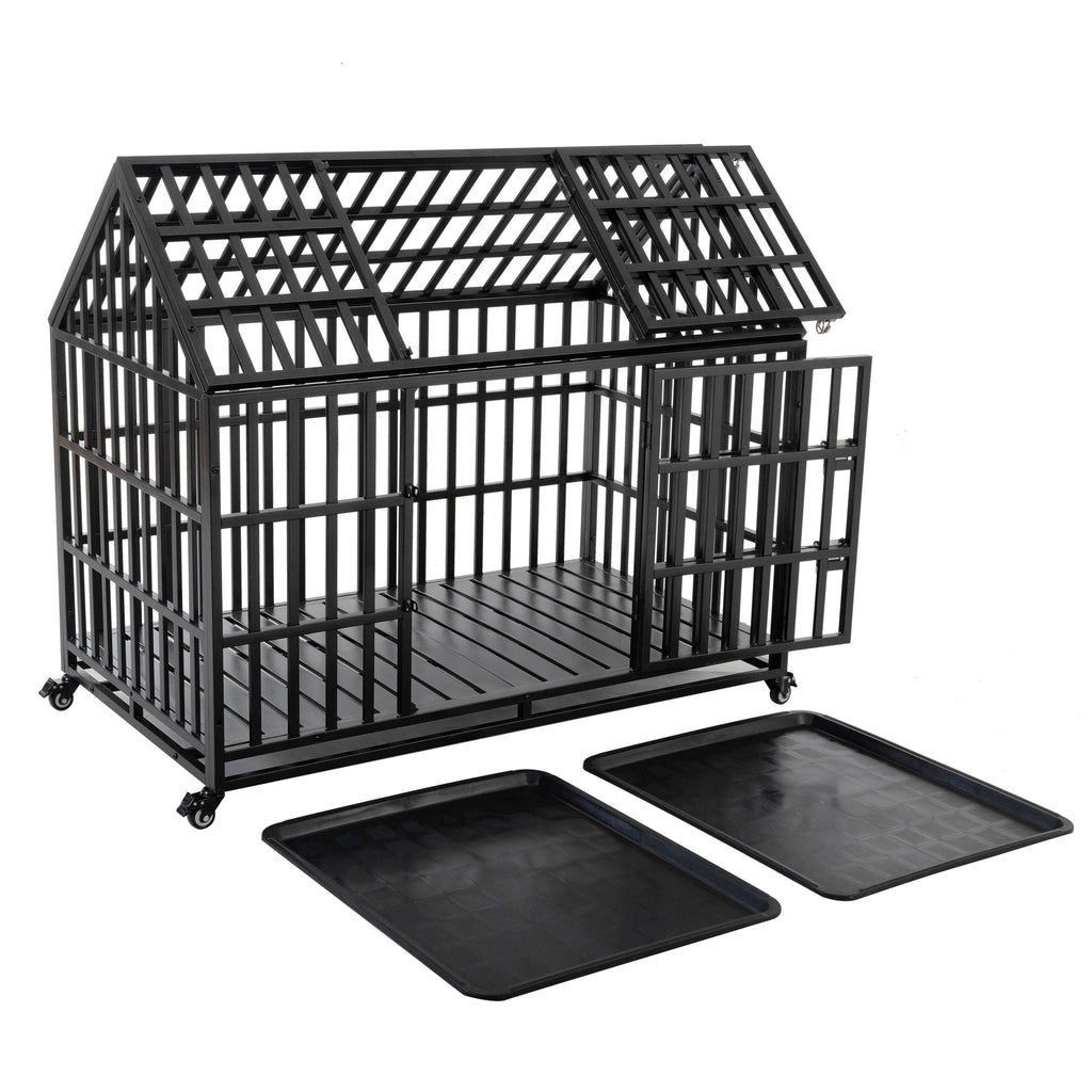 Heavy Duty Dog Crate with Lockable Wheels - Black