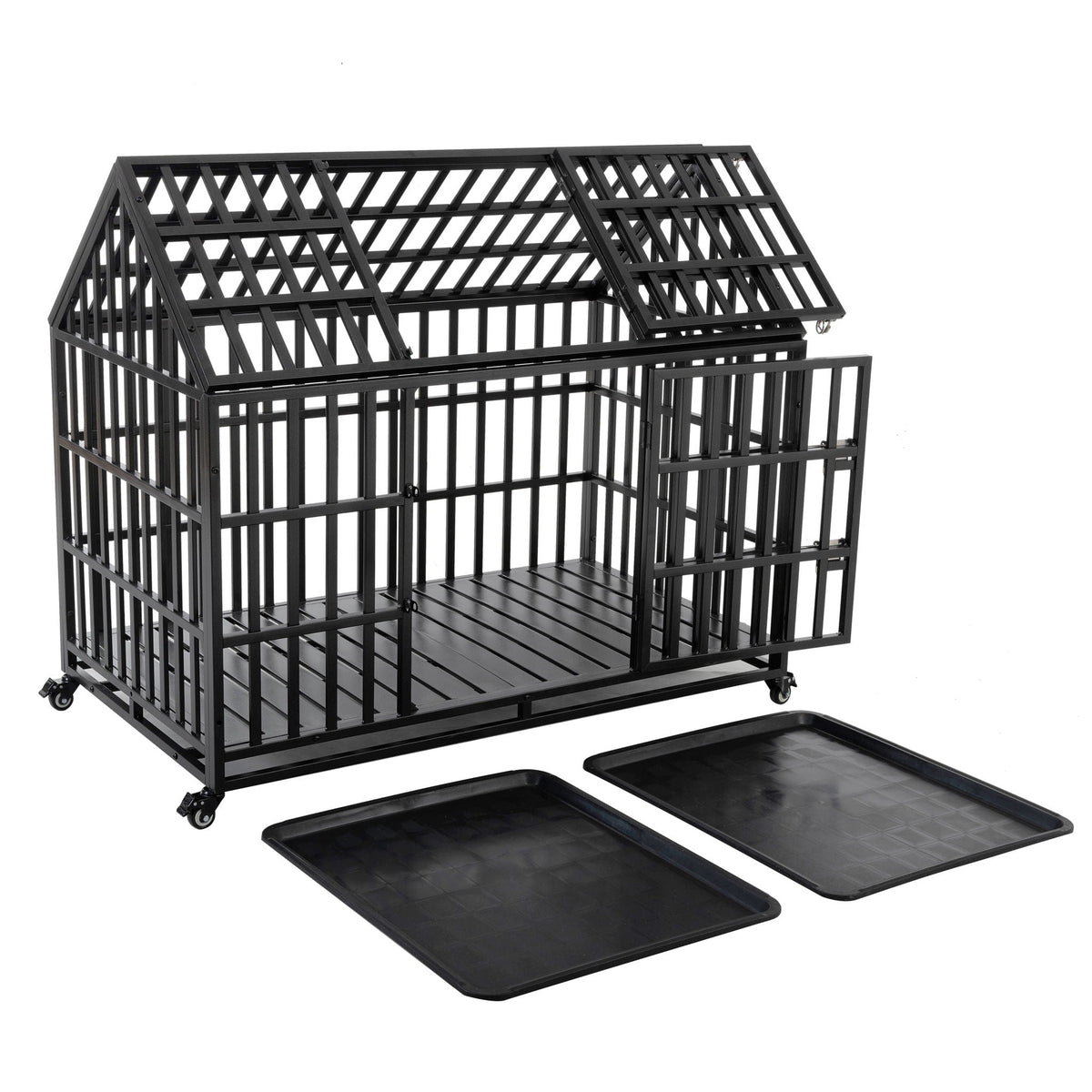 Heavy Duty Dog Crate with Lockable Wheels - Black