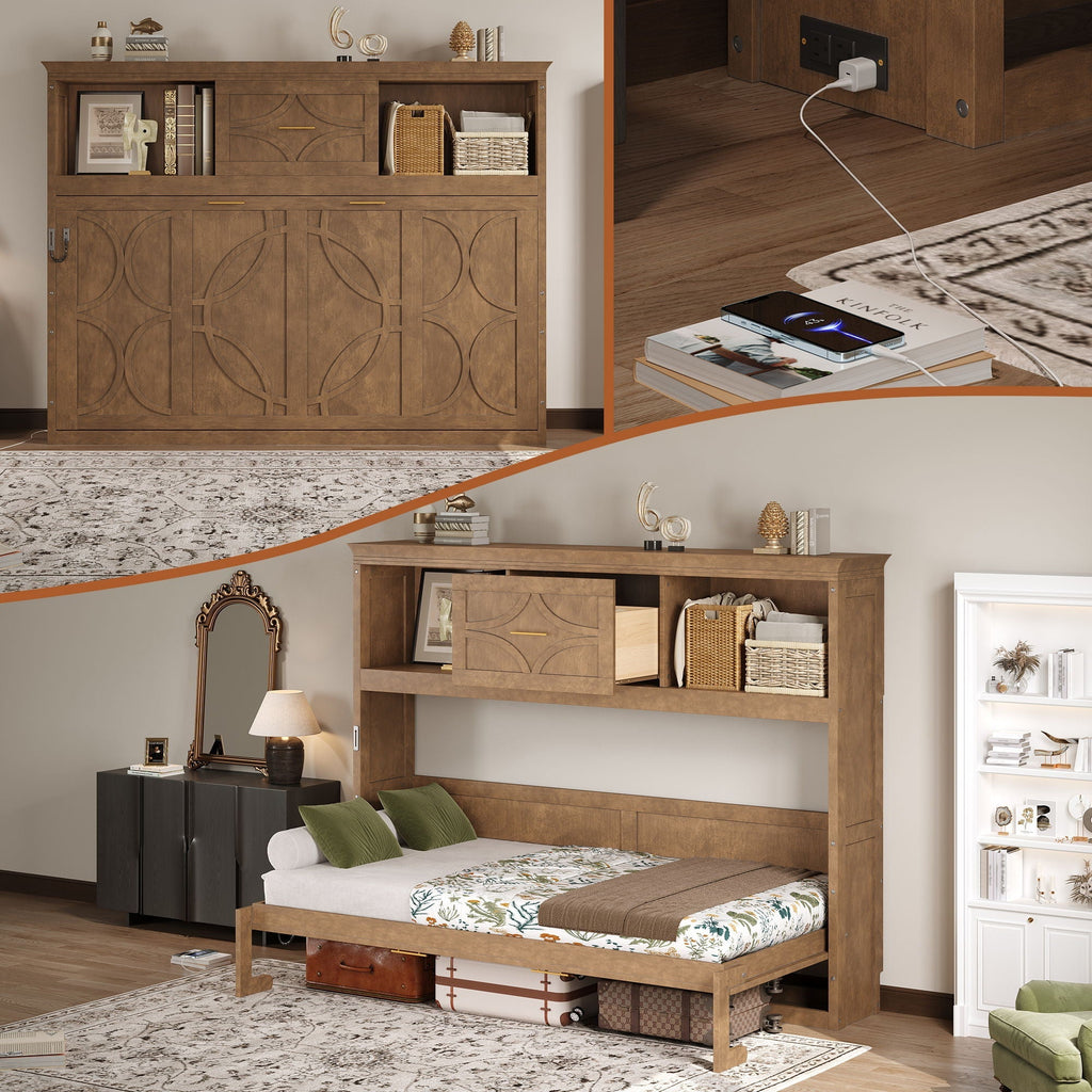 Murphy Bed With Charging Station and Drawer - Twin Storage Bed - White or Light Brown