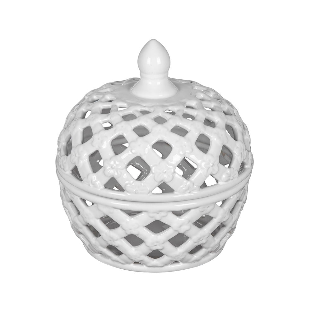 Ceramic Lidded Jar with Lattice Design - White