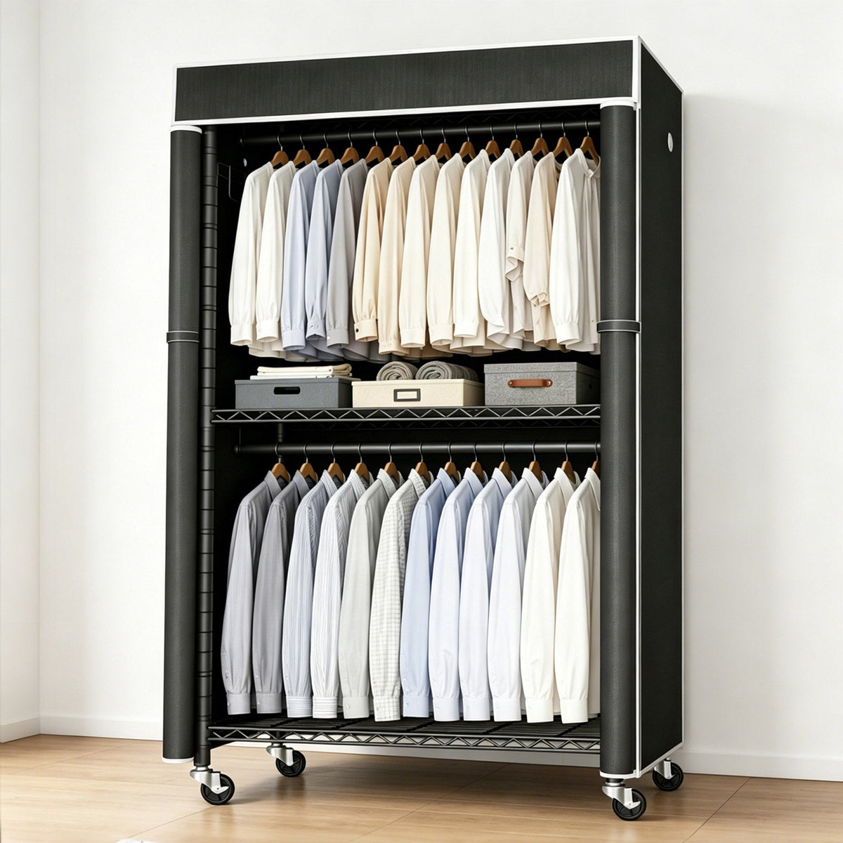 Freestanding Garment Rack with Dust Cover – Iron Frame, Mobile - Black