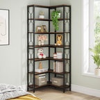 7 Tier Corner Bookshelf with Hexagonal Design - Dark Brown, White, Dark Gray