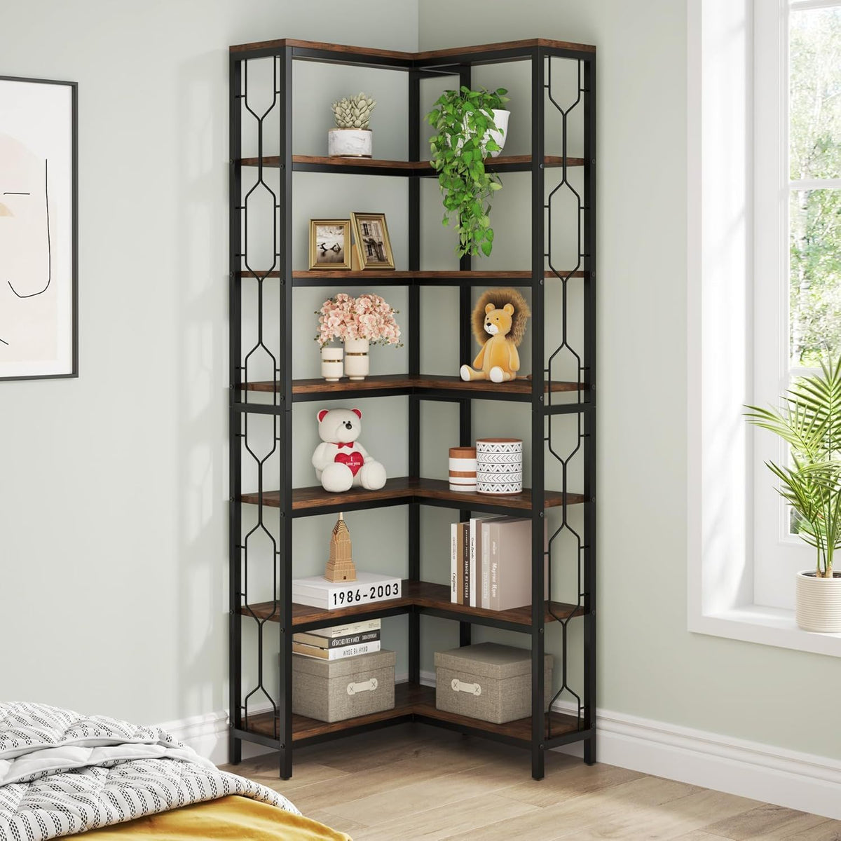 7 Tier Corner Bookshelf with Hexagonal Design - Dark Brown, White, Dark Gray