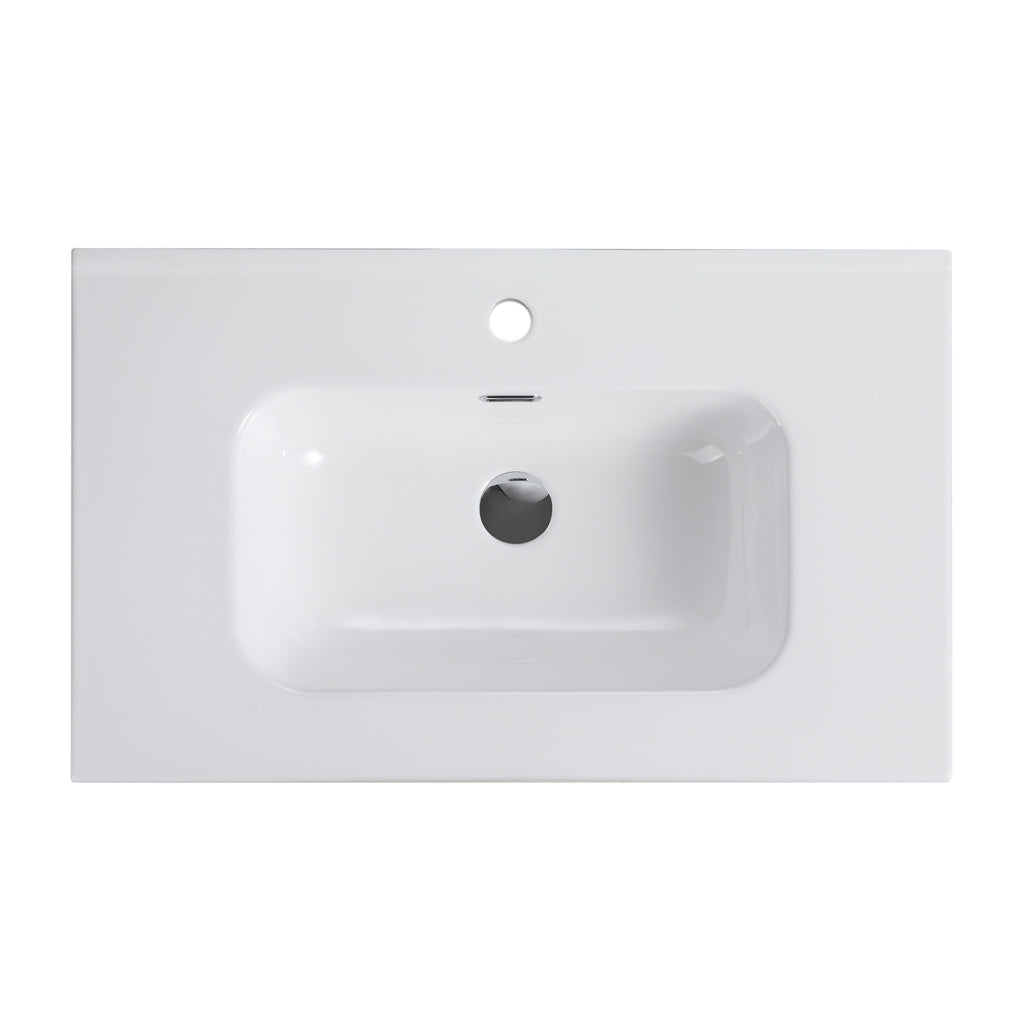 Glossy White Ceramic Integrated Bathroom Vanity Basin with Rounded Edges - White
