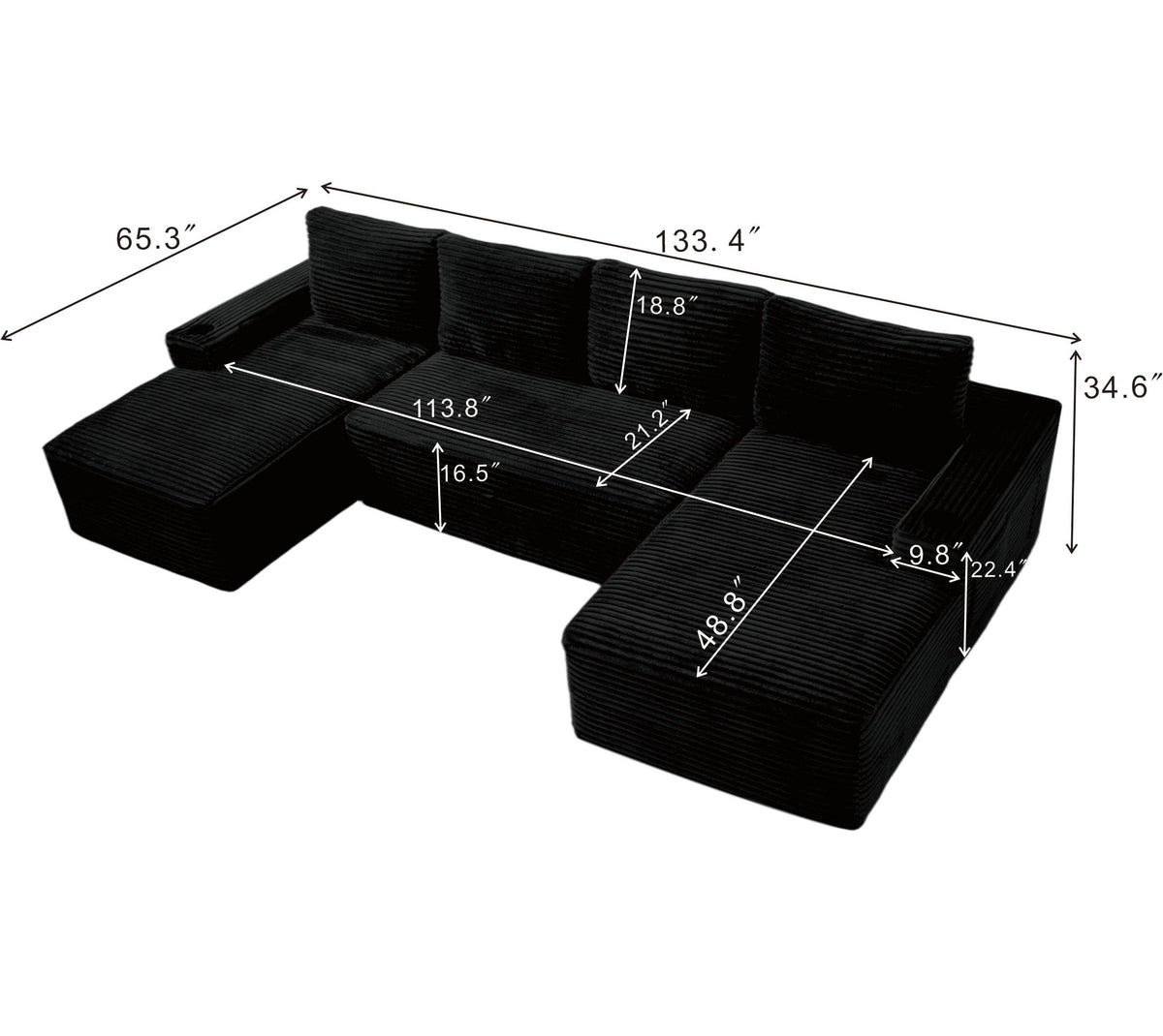 Compressible U-Shaped Sectional Sofa Set with Built-In Cup Holders - Corduroy
