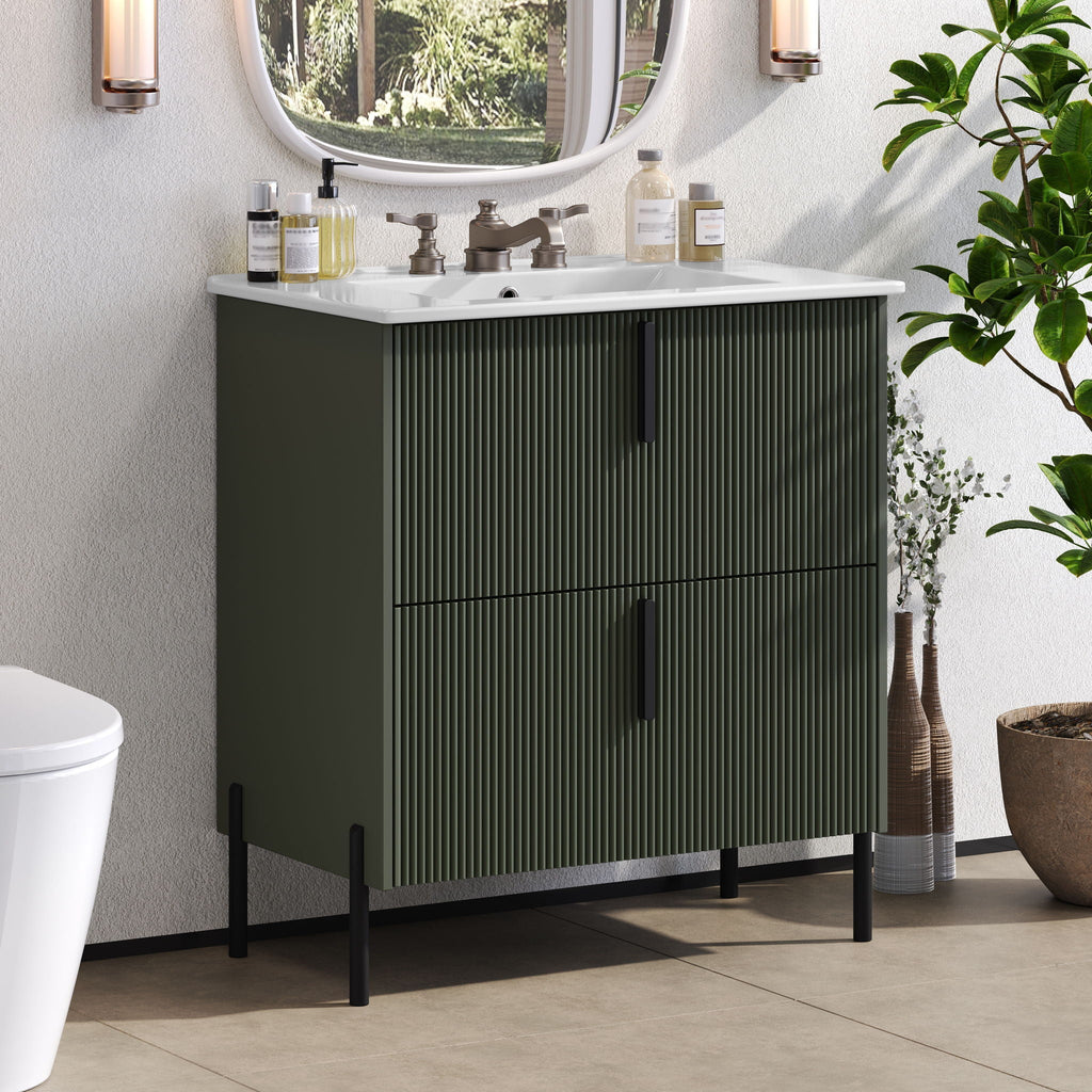 Bathroom Vanity With Ceramic Sink and Fluted Design - Dark Green, White, Light Brown