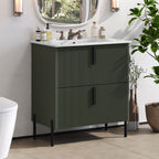 Bathroom Vanity With Ceramic Sink and Fluted Design - Dark Green, White, Light Brown