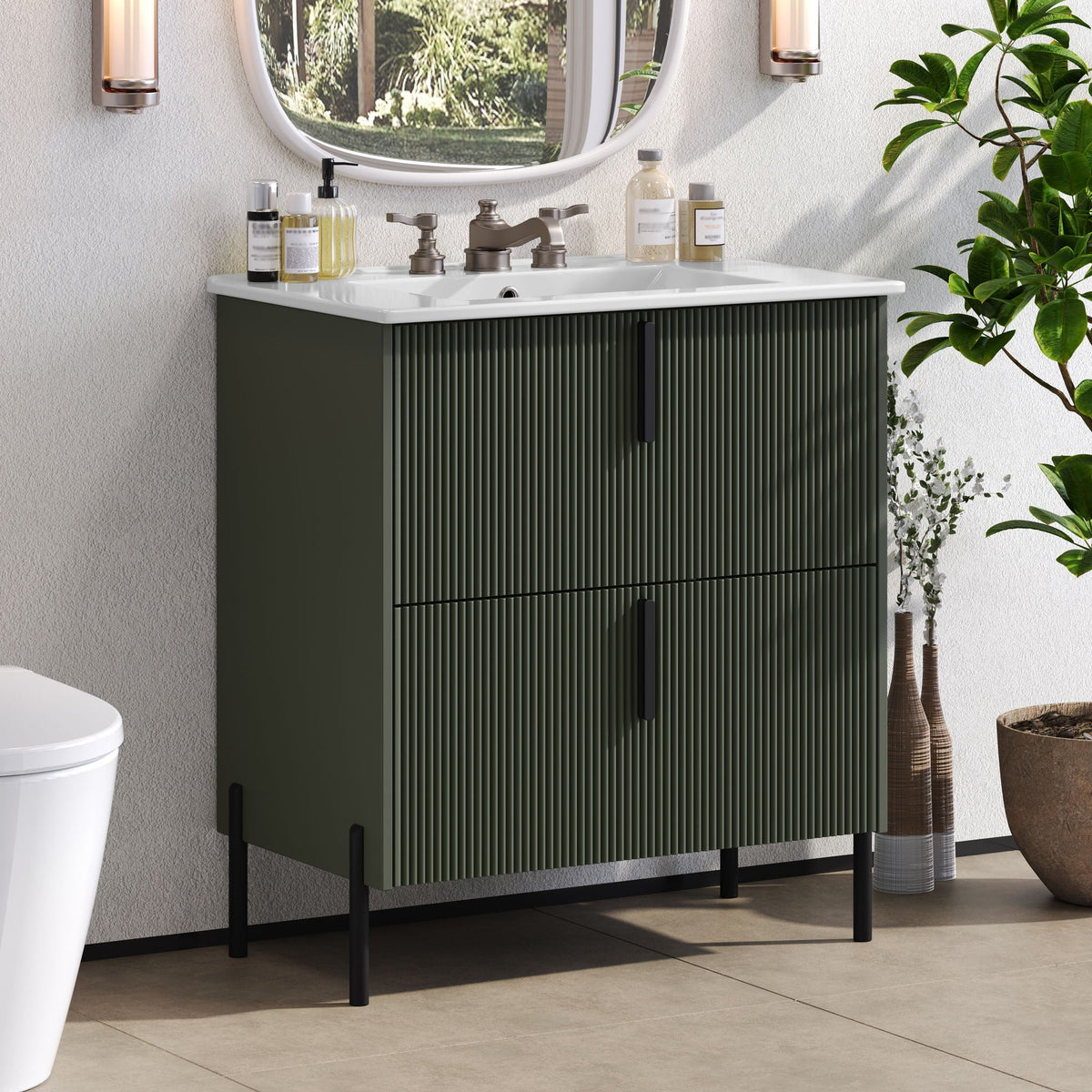 Bathroom Vanity With Ceramic Sink and Fluted Design - Dark Green, White, Light Brown