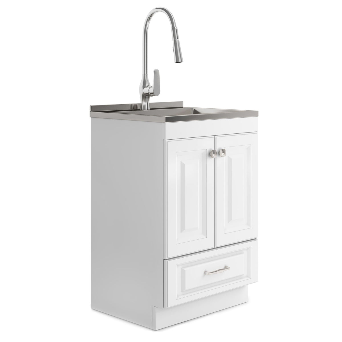 White Laundry Cabinet with Stainless Steel Sink and Pull-Out Faucet