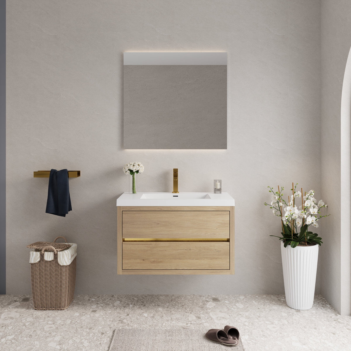 36" Wall-Mounted Bathroom Vanity with Stone Resin Sink - Modern Wood Finish