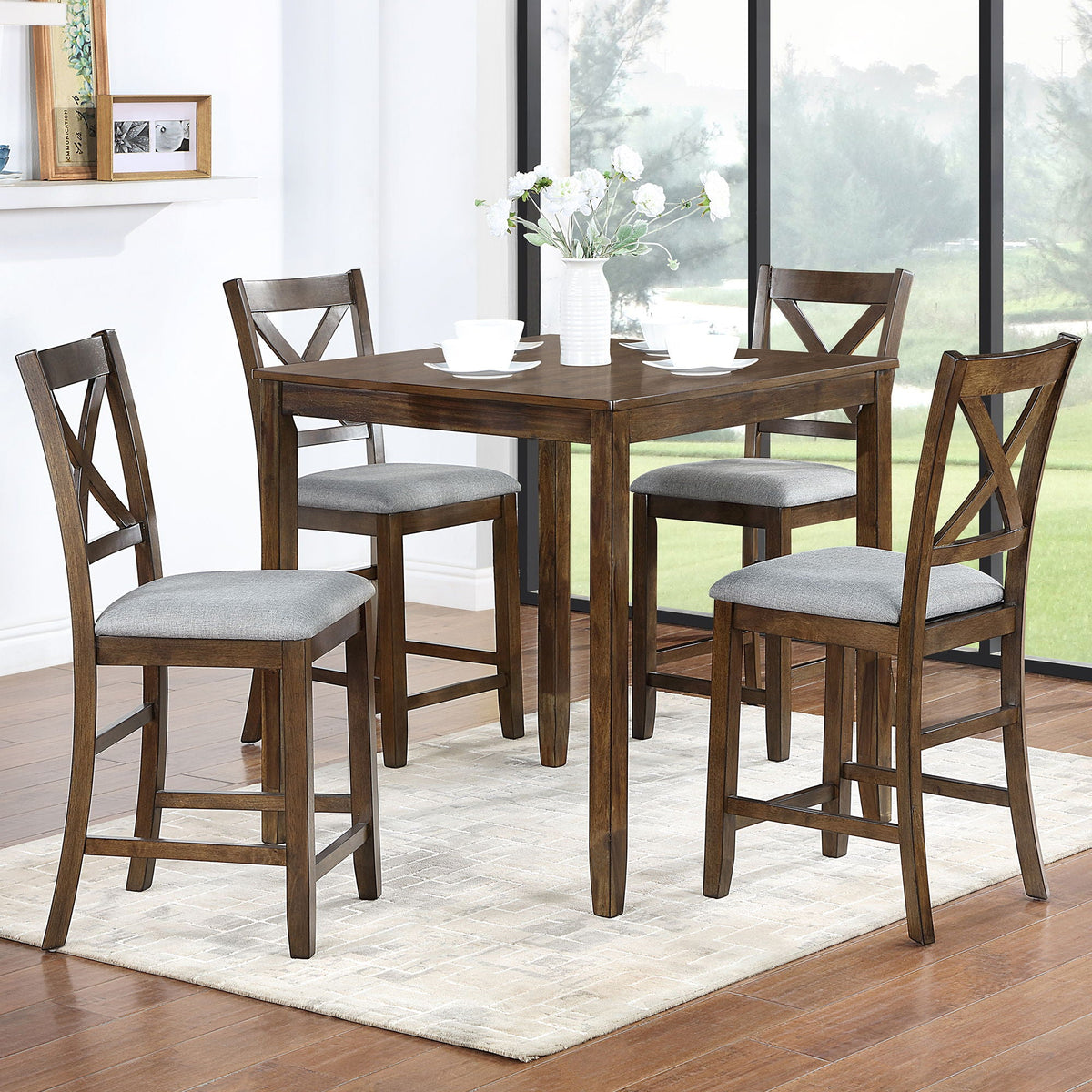 Wooden 5 Piece Dining Table Set with Square Counter Height Table - Gray or Dark Brown