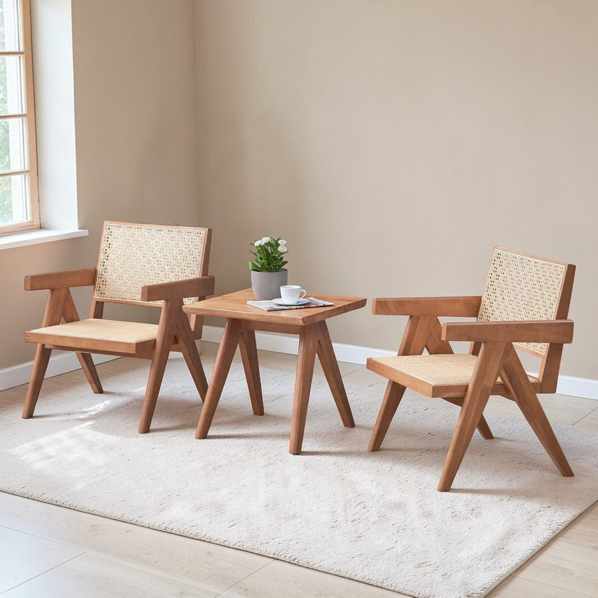 Natural 3 Piece Accent Chair Set with Matching End Table