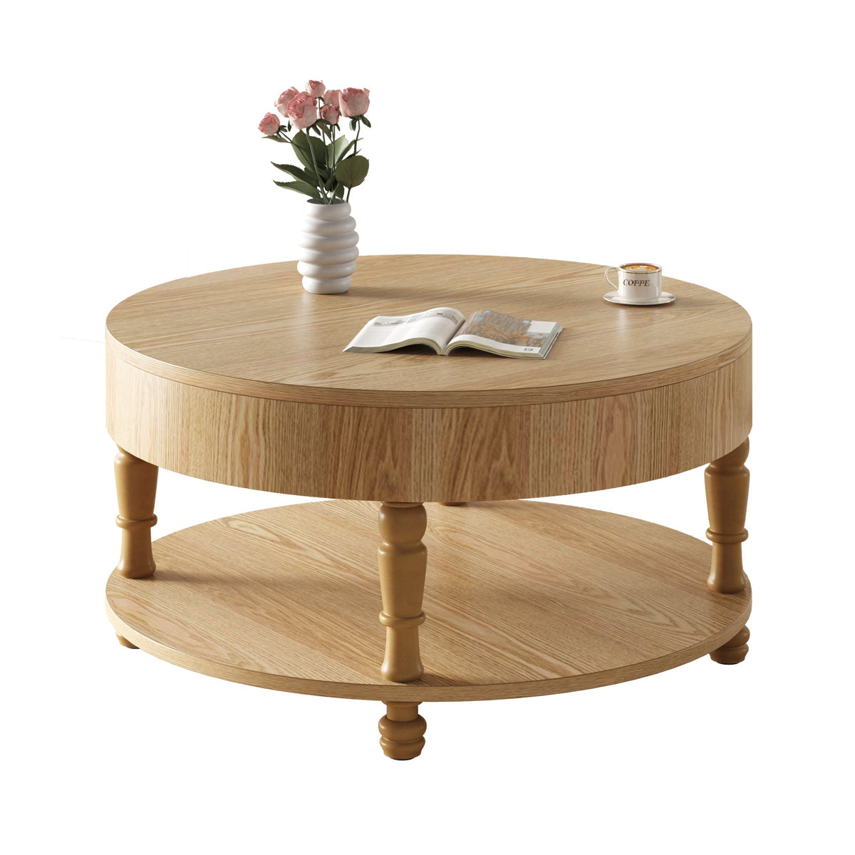 Coffee Table with Dual Storage - Natural Wood, 31.5" Round