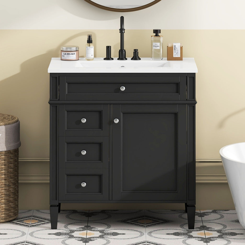 Bathroom Vanity with Ceramic Sink and Multiple Storage Drawers - White, Blue, Dark Gray, Black, Dark Green
