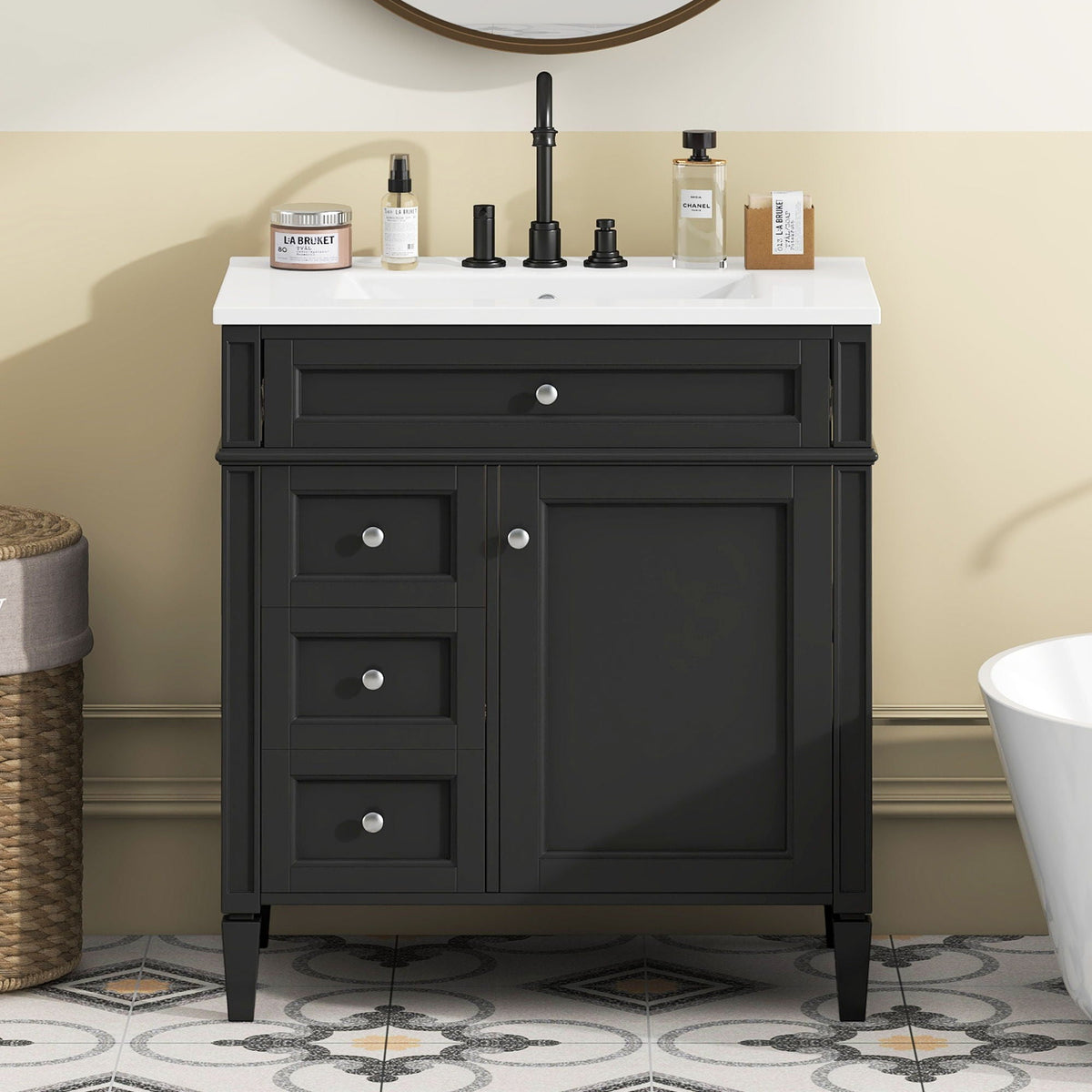 Bathroom Vanity with Ceramic Sink and Multiple Storage Drawers - White, Blue, Dark Gray, Black, Dark Green
