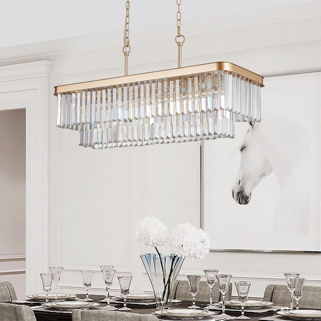 Rectangular Crystal Chandelier with Adjustable Height - Gold