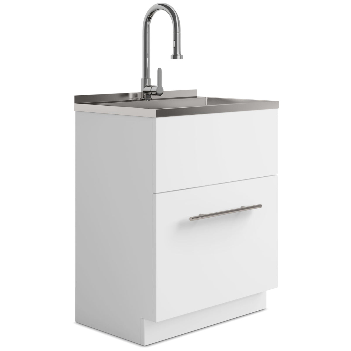 White Laundry Cabinet with Stainless Steel Sink and Faucet