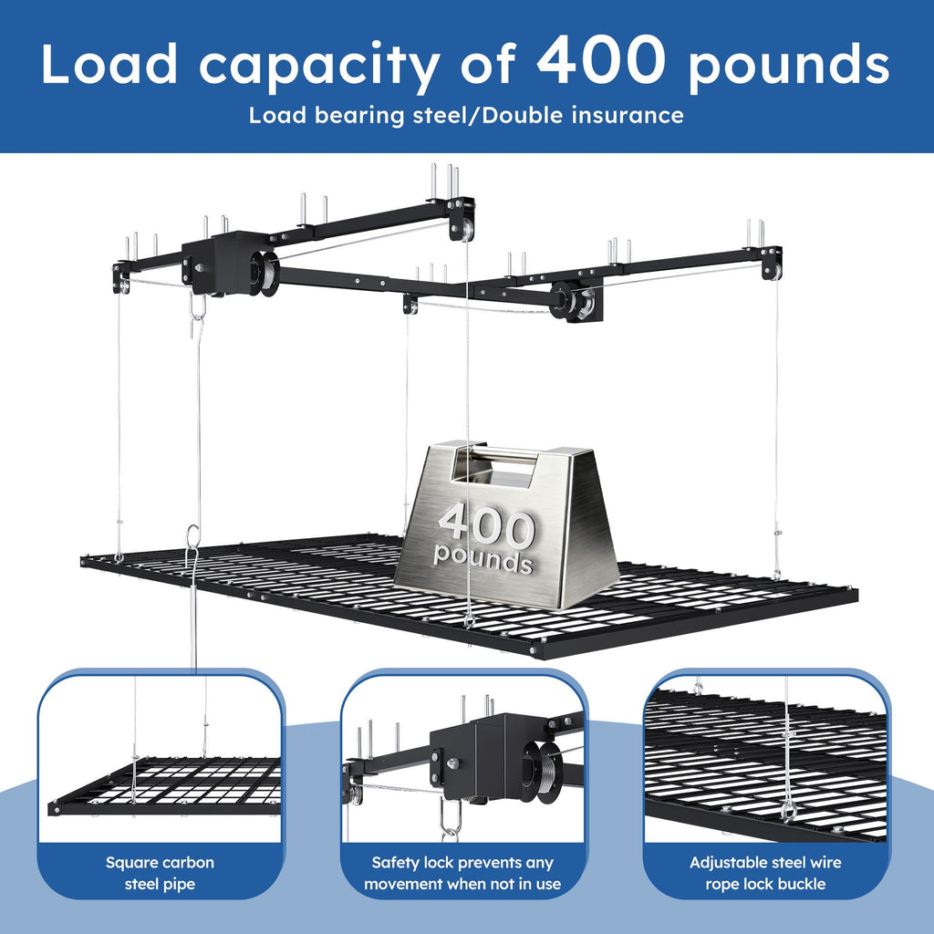 Overhead Garage Storage Rack with Crank System - Black or White