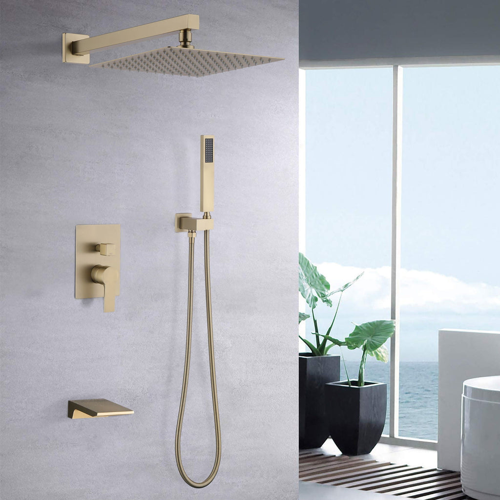 Modern 10" Wall Mounted Rainfall Shower Head System with Handheld Shower - Gold or Black