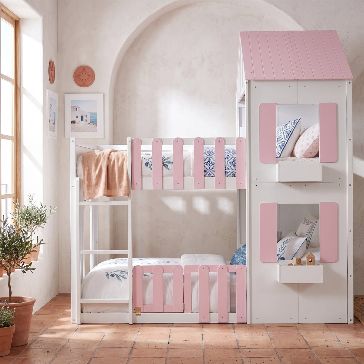 Full Over Full House Bunk Bed with Storage - Pink
