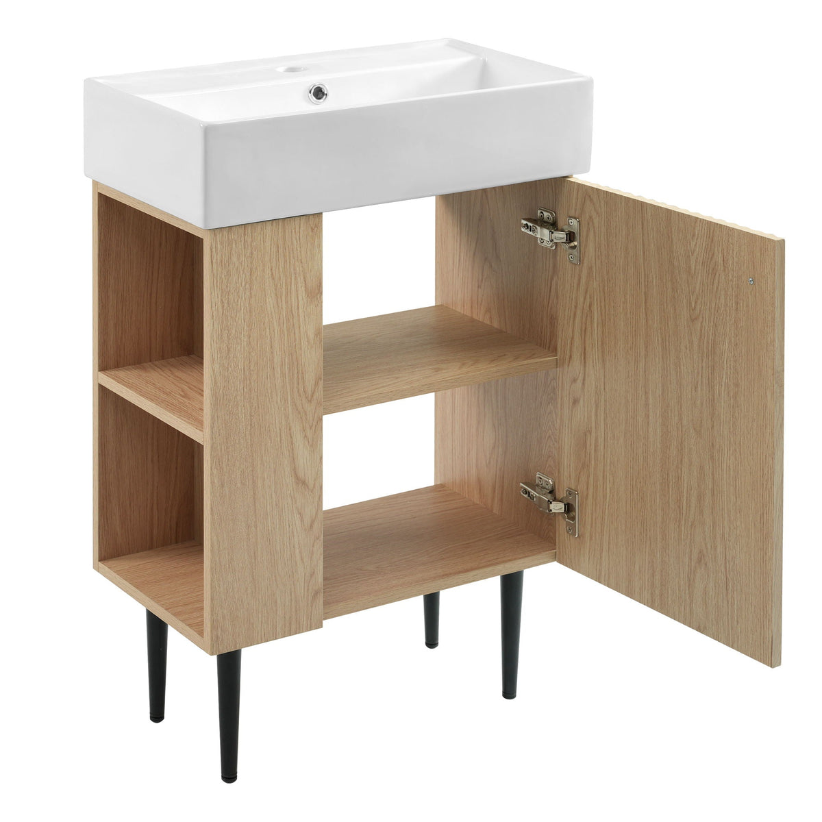 Bathroom Vanity with Single Ceramic Sink and Side Storage - Multiple Colors