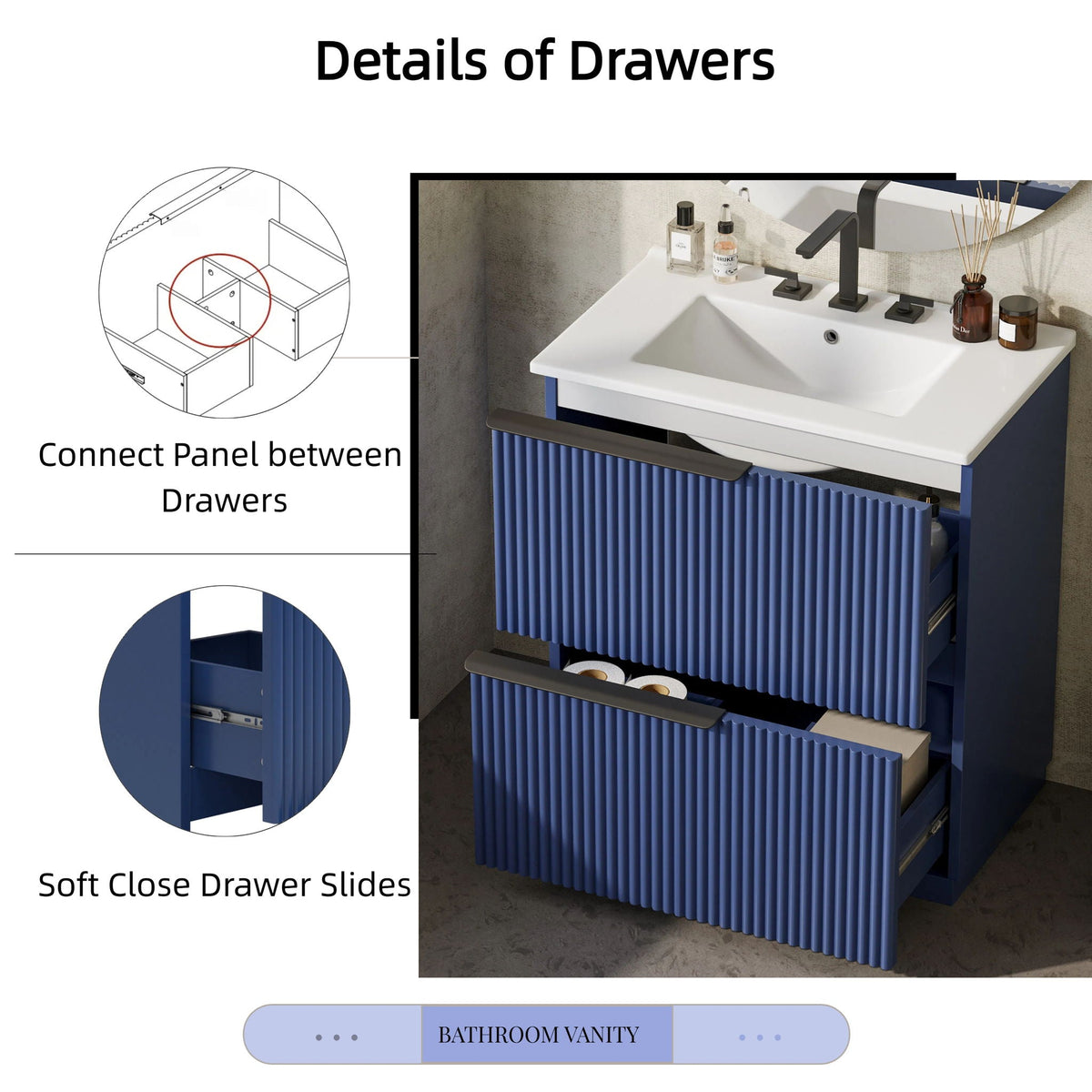 Fluted Bathroom Vanity with Ceramic Sink and Moisture-Proof Cabinet - 30" Wide