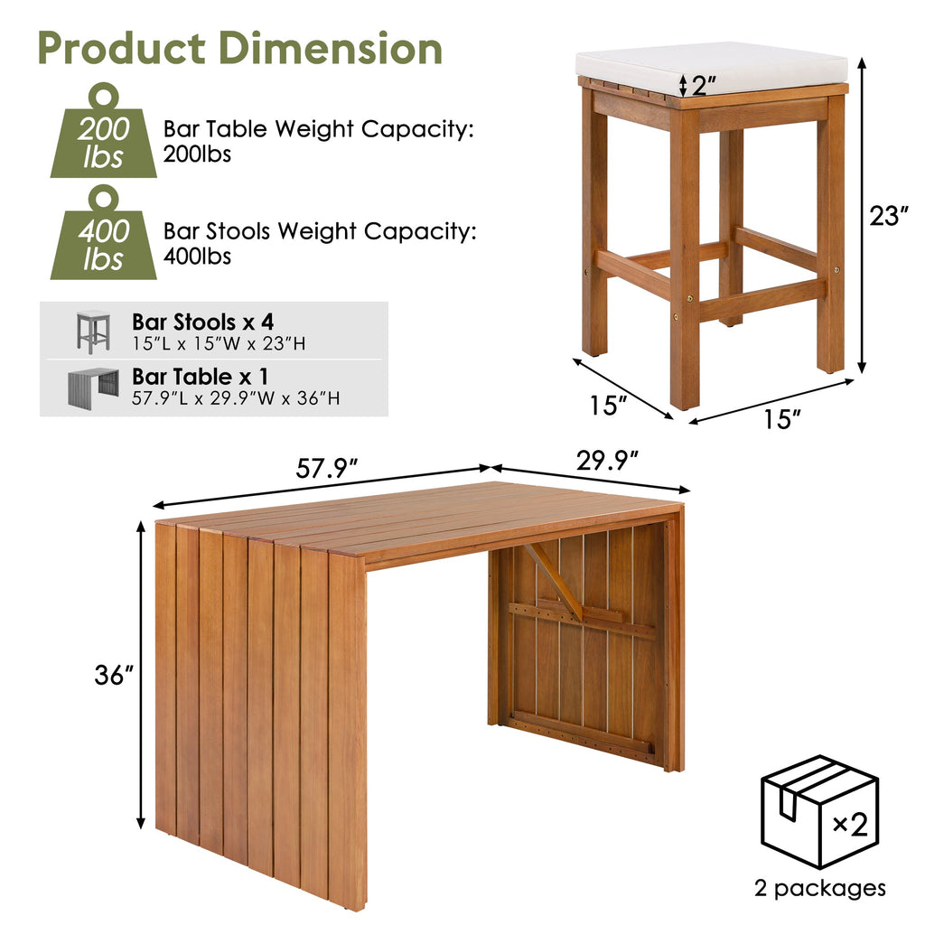 Acacia Wood 5 Piece Outdoor Bar Set with Cushioned Stools - Natural