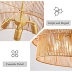 2 Tier Boho Wabi Sabi Chandelier with Handwoven Rattan Shade - Gold