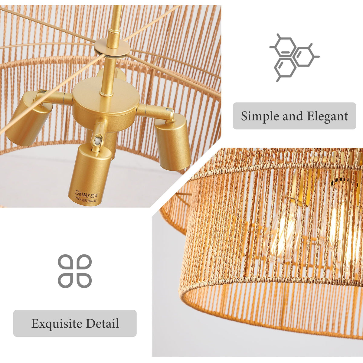 2 Tier Boho Wabi Sabi Chandelier with Handwoven Rattan Shade - Gold