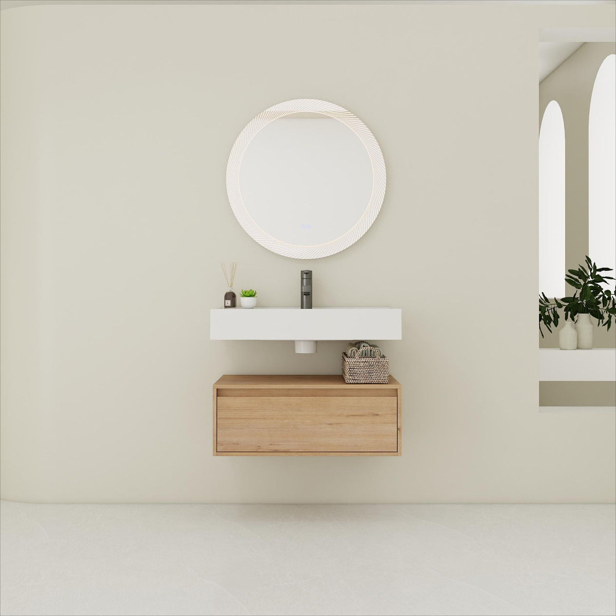 Wall Mounted Bathroom Vanity with Resin Sink and Soft Close Drawer - Imitative Oak