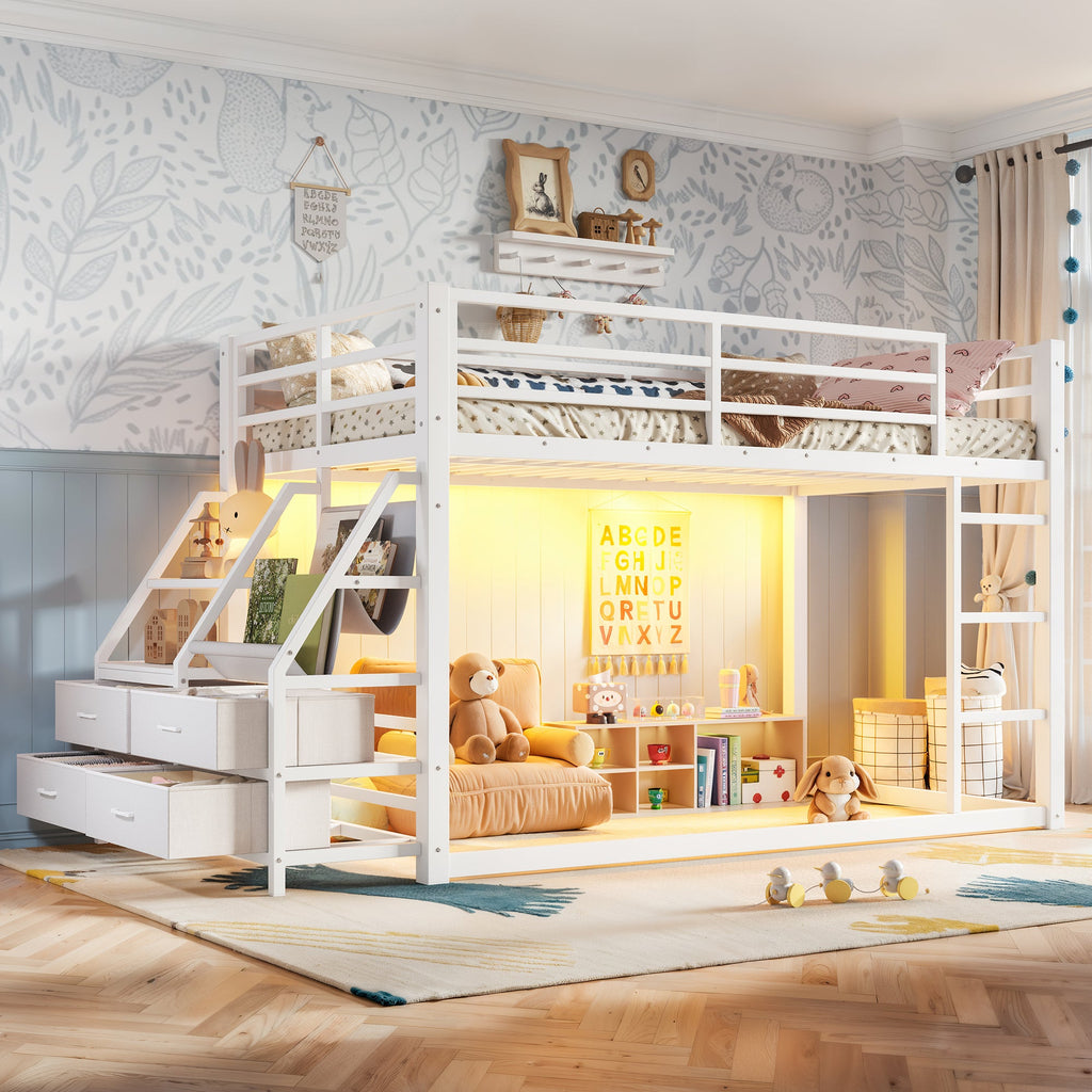 Twin Over Twin Bunk Bed with Storage Shelves and LED Lights - White